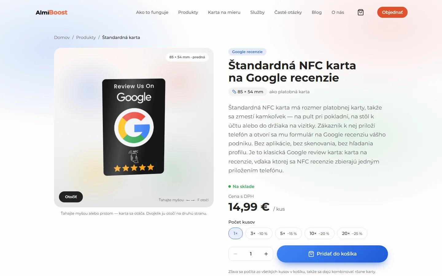 A product page with a draggable 3D card, live stock status and the volume-discount selector.